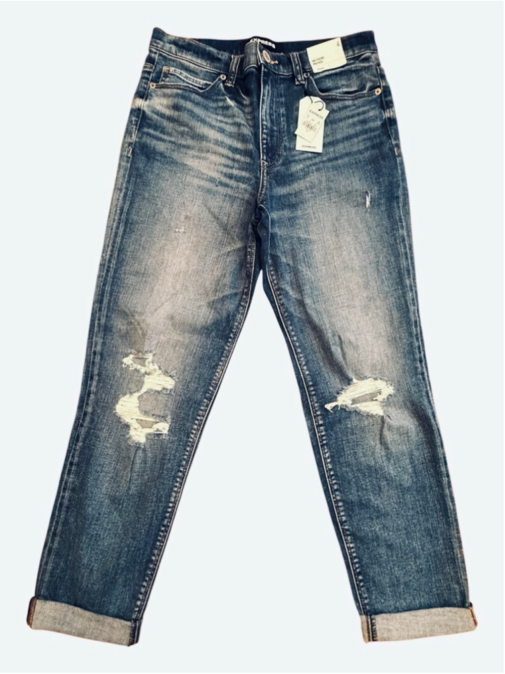 EXPRESS Blue Distressed High Rise Girlfriend Jeans Size 4 NWT - Picture 2 of 14